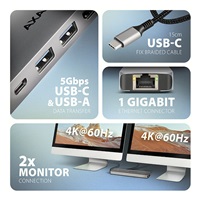 AXAGON HMC-7HX2, USB 5Gbps hub, 2x USB-A, USB-C, 2x HDMI 4k/60Hz, RJ-45 GLAN, PD 100W, kábel USB-C 15cm