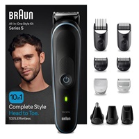 Braun All-In-One Series 5 MGK5445 zastřihovač, vlasy, vousy a chloupky, 10v1, baterie, ocelová čepel