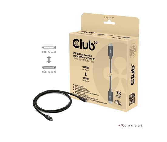 Club3D Kabel USB4 v2 Typ-C, 80Gbps, Certifikovaný kabel, 4K540Hz, 8K240Hz, 16K60Hz, PD 240W, 1,2m