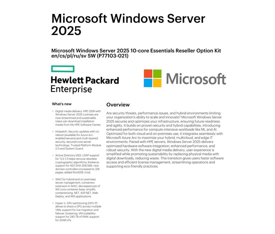 HPE Microsoft Windows Server 2025 10-core Essentials Reseller Option Kit CZ (25/50user/dev en/ru/po) OEM
