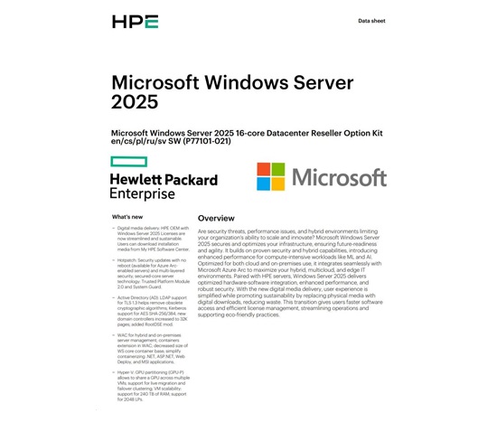 HPE Microsoft Windows Server 2025 16-core Datacenter Reseller Option Kit (CZ EN Russia Pol Sw)