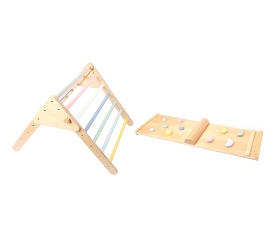 Dřevěný Piklerové trojúhelník set s montessori prknem - pastelový