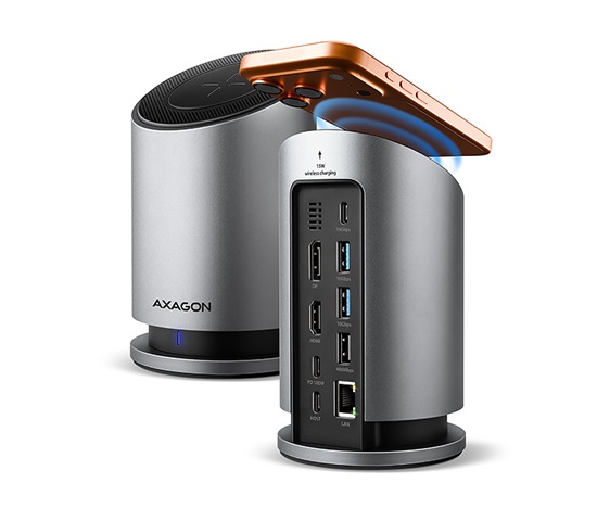 AXAGON HMC-WL9, USB 10Gbps hub s Qi, 3x USB-A, USB-C, HDMI & DP 4k/60Hz, RJ-45 GLAN, PD 100W, kábel USB-C 60cm