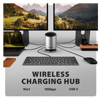 AXAGON HMC-WL9, USB 10Gbps hub s Qi, 3x USB-A, USB-C, HDMI & DP 4k/60Hz, RJ-45 GLAN, PD 100W, kábel USB-C 60cm