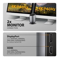 AXAGON HMC-WL9, USB 10Gbps hub s Qi, 3x USB-A, USB-C, HDMI & DP 4k/60Hz, RJ-45 GLAN, PD 100W, kábel USB-C 60cm