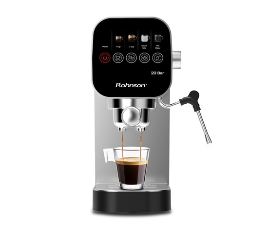 Rohnson espresso, 1360 W, 20 bar, slim design, dotykový ovládací panel, vysokotlaká tryska