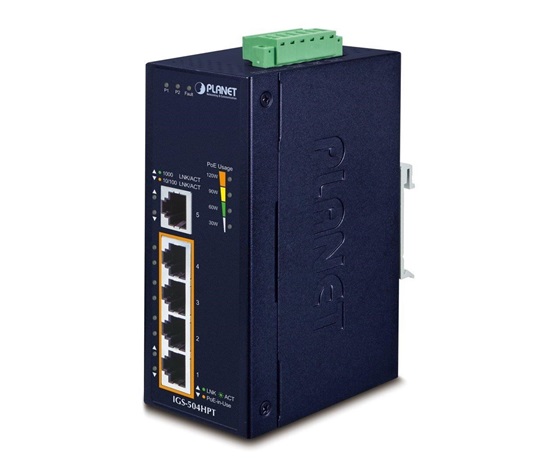 Planet switch IGS-504HPT, průmysl.verze 5xGbE, DIN, 4xPoE+, IP40, -40 až 75°C, 12-56V