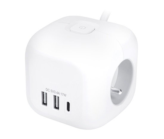 Solight 3z + USB A+C prodlužovací přívod - kostka, kabel 2m, 3 x 1mm2, bílý, vypínač
