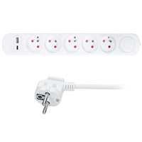 Solight prodlužovací přívod 5 zásuvek, USB A+C nabíječka 12W, 3m, 3 x 1mm2, bílý, vypínač