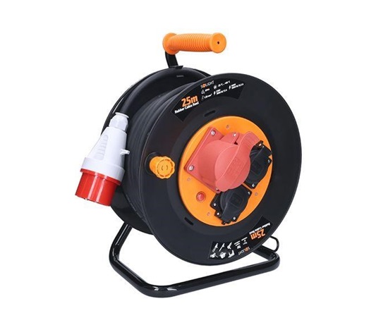 Solight prodlužovací přívod na bubnu, 3 zásuvky, 400V + 230V, 25m gumový kabel 5x1,5mm2, IP44