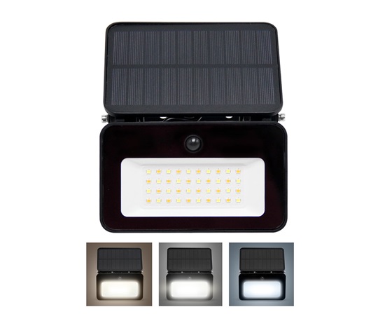 Solight LED solární reflektor se senzorem, 6W, 660lm, 3CCT, Li-Ion, černá