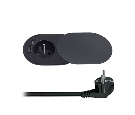 Solight 1z + USB A+C 20W PD vestavná zásuvka s posuvným víčkem, 2m, matná černá