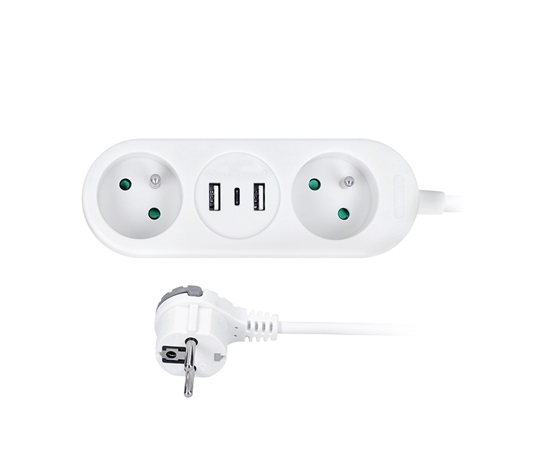 Solight 2z + USB A+C 17W, cestovní prodlužovací přívod 1.5m, bílý