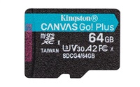 Kingston MicroSDXC karta 64GB Canvas Go! Plus, R:200/W:160MB/s, Class 10, UHS-I, U3, V30, A2 + Adaptér