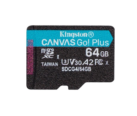 Kingston MicroSDXC karta 64GB Canvas Go! Plus, R:200/W:160MB/s, Class 10, UHS-I, U3, V30, A2 + Adaptér