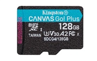 Kingston MicroSDXC karta 128GB Canvas Go! Plus, R:200/W:160MB/s, Class 10, UHS-I, U3, V30, A2 + Adaptér