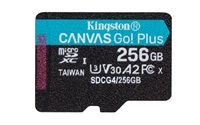 Kingston MicroSDXC karta 256GB Canvas Go! Plus, R:200/W:160MB/s, Class 10, UHS-I, U3, V30, A2 + Adaptér