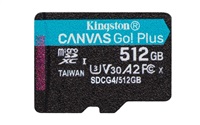 Kingston MicroSDXC karta 512GB Canvas Go! Plus, R:200/W:160MB/s, Class 10, UHS-I, U3, V30, A2 + Adaptér