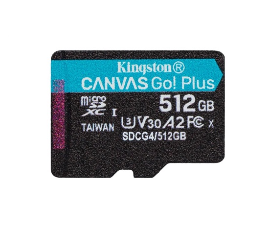 Kingston MicroSDXC karta 512GB Canvas Go! Plus, R:200/W:160MB/s, Class 10, UHS-I, U3, V30, A2 + Adaptér