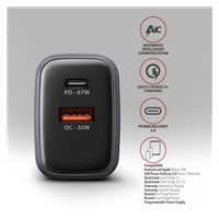 AXAGON ACU-PQ67 GaN nabíjačka do siete 67W, USB-A + USB-C, PD3.0/PPS/QC4+/SFC2.0/Apple