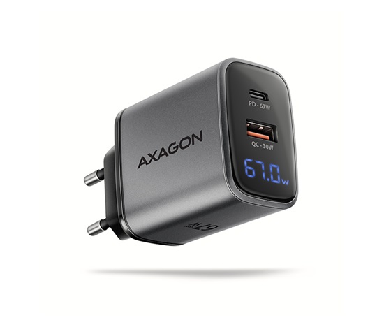 AXAGON ACU-PQ67D GaN nabíjačka do siete 67W, USB-A + USB-C, PD3.0/PPS/QC4+/SFC2.0/Apple, LCD display