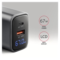 AXAGON ACU-PQ67D GaN nabíjačka do siete 67W, USB-A + USB-C, PD3.0/PPS/QC4+/SFC2.0/Apple, LCD display
