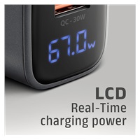 AXAGON ACU-PQ67D GaN nabíjačka do siete 67W, USB-A + USB-C, PD3.0/PPS/QC4+/SFC2.0/Apple, LCD display