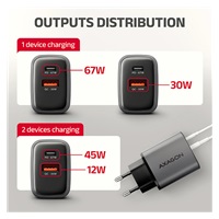 AXAGON ACU-PQ67D GaN nabíjačka do siete 67W, USB-A + USB-C, PD3.0/PPS/QC4+/SFC2.0/Apple, LCD display