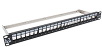 LYNX Patch panel, 19'', 24 portů, 1U, Cat5e/6/6A/7, neosazený, stíněný, vyvazovák, černý