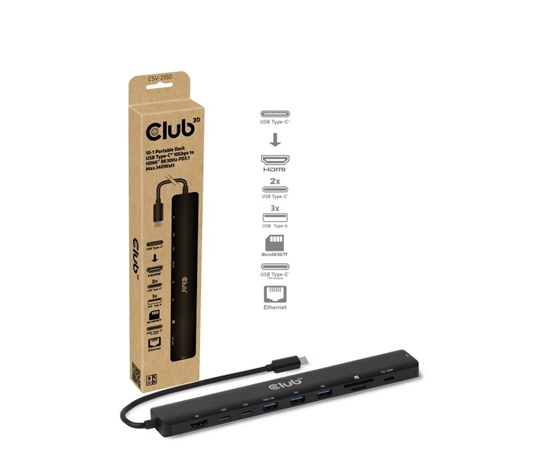 Club3D Dokovací stanice 10v1, USB-C 3.2, 1xHDMI, 2xUSB-C, 3xUSB, 1xmicroSD/SD, 1xUSB-C PD140W, 1xRJ45, černá