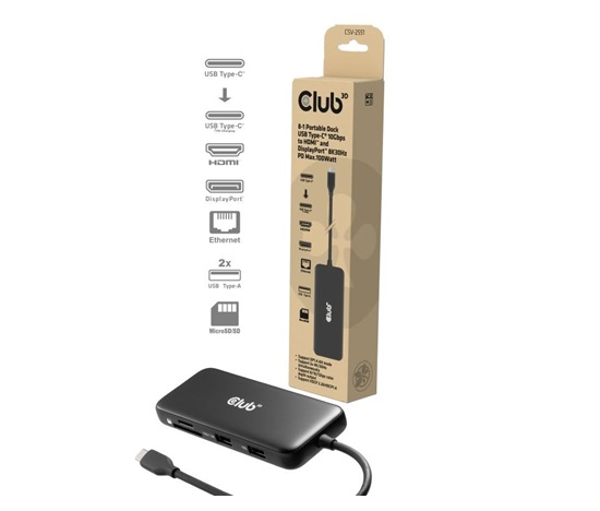 Club3D Dokovací stanice 8v1, USB-C 3.2, 1xHDMI, 1xDP, 2xUSB, 1xmicroSD/SD, 1xUSB-C PD100W, 1xRJ45, černá