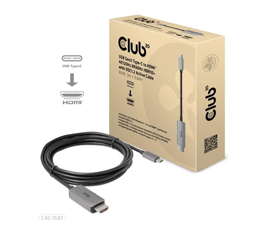 BAZAR - Club3D kabel USB-C na HDMI, 4K120Hz 8K60Hz HDR10 s DSC1.2, Aktivní kabel, M/M, 3m - Poškozený obal (Komplet)