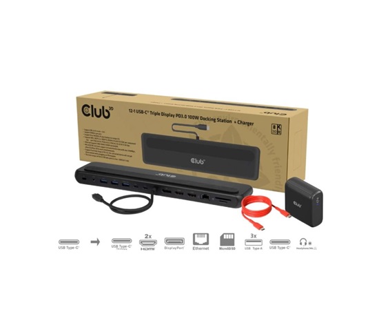 Club3D Dokovací stanice USB-C 12v1, 2xHDMI, 1xDP, 2xUSB-C, 3xUSB, 1xRJ45, 1x3.5mm, černá