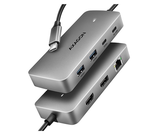 AXAGON HMC-CUB83X2, USB 10Gbps hub, 2x USB-A, USB-C, HDMI & DP 4k/144Hz, RJ-45 GLAN, PD 100W, kábel USB-C 15cm