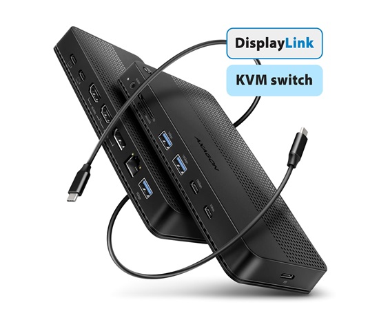 AXAGON HMC-DL-KVM, DisplayLink dokovacia stanica, USB 10Gbps, HDMI + DP 4K/60Hz, RJ-45, SD/microSD, audio, PD 100 W, KVM