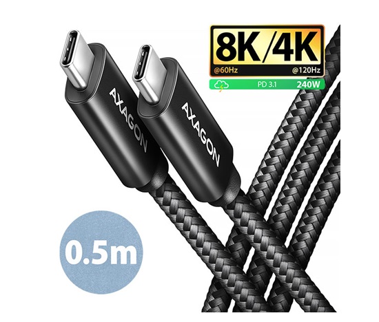 AXAGON BUCM4X-CM05AB NewGEN+ kábel USB-C <-> USB-C, 0.5m, USB4 Gen 3×2, PD 240W 5A, 8K HD, ALU, opletenie, čierny