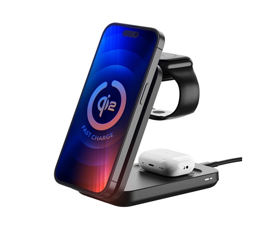 3mk bezdrátová nabíječka - MagRocket 3-in-1, technologie Qi2, 15W, černá