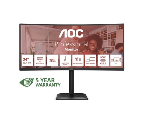 AOC MT 34" CU34E4CV - 3440x1440,VA,120Hz,HDR10,2xHDMI,DP,USBhub,USB-C,RJ45,repro,Zakřivený