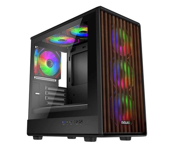 EVOLVEO&#32;Panthera,&#32;skříň&#32;mATX,&#32;6x&#32;ARGB&#32;ventilátor&#32;120mm,&#32;dřevěný&#32;přední&#32;panel&#32;+&#32;skleněná&#32;bočnice