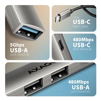 AXAGON HUE-STC, 4x USB ALU STRIP hub, 1x USB-A 5Gbps, 2x USB-A & 1x USB-C 480Mbps, kábel USB-C 12cm