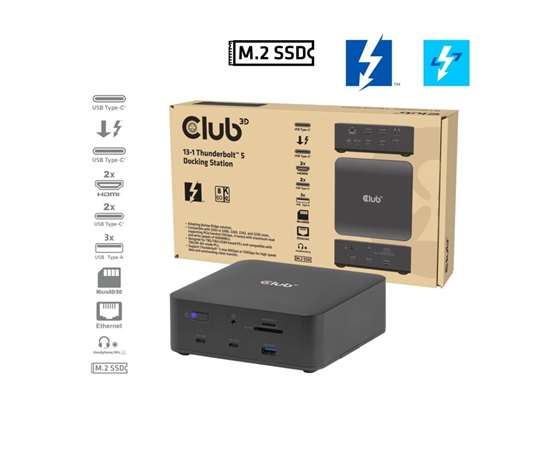 Club3D Dokovací stanice Thunderbolt 5 13v1, 1xUSB-C TB5, 2xUSB-C, 3xUSB-A, 2xHDMI, 1xmicroSD/SD,1xEthernet, 1xM.2