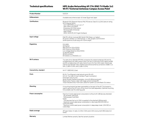 HPE Aruba Networking AP-734 (RW) Tri Radio 2x2 Wi-Fi 7 External Antennas Campus Access Point S1G32AR RENEW