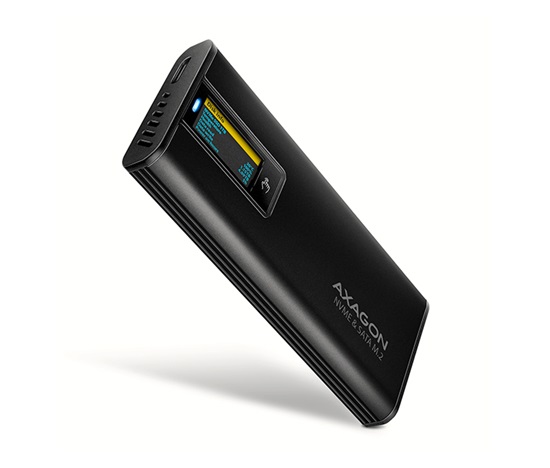 AXAGON EEM2-SD2B, USB-C 10Gbps externí box s displejem pro M.2 NVMe/SATA SSD, bezšroubkový, černý