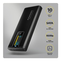 AXAGON EEM2-SD2B, USB-C 10Gbps externí box s displejem pro M.2 NVMe/SATA SSD, bezšroubkový, černý