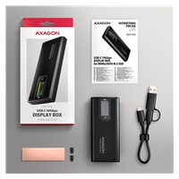 AXAGON EEM2-SD2B, USB-C 10Gbps externí box s displejem pro M.2 NVMe/SATA SSD, bezšroubkový, černý