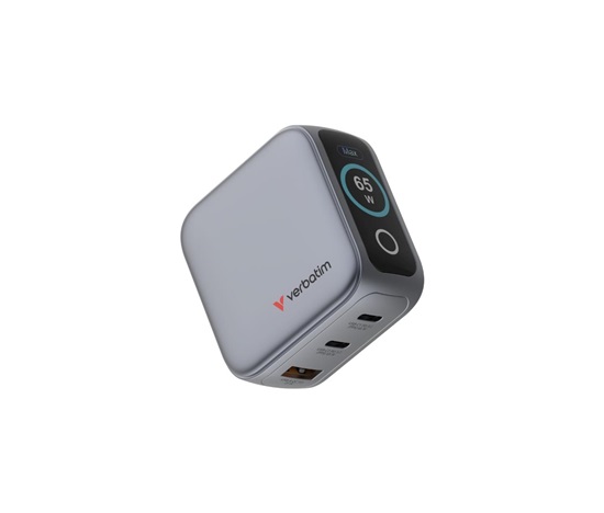 VERBATIM Mini GaN Nabíječka s displejem 65W, 2xUSB-C, 1xUSB-A, šedá
