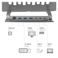 Club3D Nastavitelný hliníkový stojan pro notebook s USB-C hubem na 2xUSB, 1xHDMI, 2xUSB-C, 1xRJ45, 360°, 100W, 4K60Hz