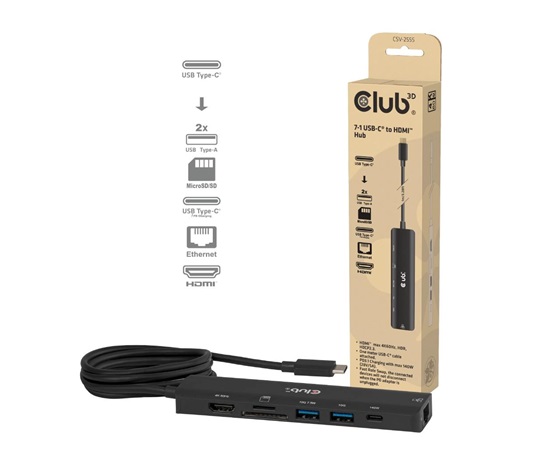 Club3D hub USB-C, 7-in-1 hub s 2x USB, 1xHDMI, 1xUSB-C PD, RJ45, microSD/SD, 140W, 4K60Hz, 1m kabel