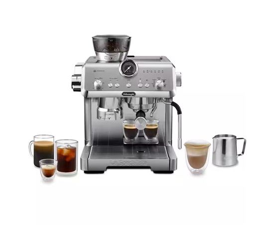 DeLonghi La Specialista Opera pákový kávovar, 1550 W, vestavěný mlýnek, parní tryska MyLatte, nerez