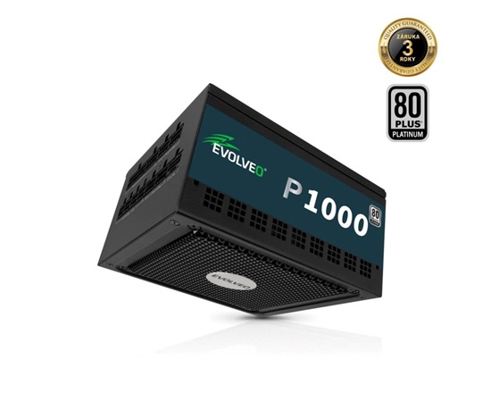 EVOLVEO P1000, zdroj 1000W, 80+ PLATINUM, ATX 3.1, aPFC, 140 mm ventilátor, plně modulární, 3 roky záruka, černý